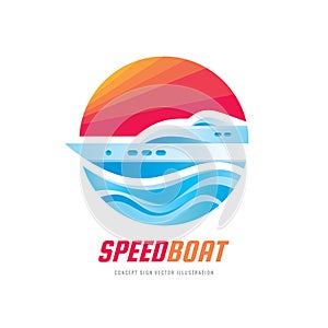 Abstract speed boat and blue sea waves - vector business logo template concept illustration. Ocean ship graphic creative sign.