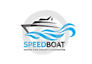 Abstract speed boat and blue sea waves - vector business logo template concept illustration. Ocean ship graphic creative sign.