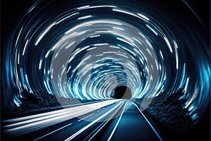 Abstract Speed Concept. Bright Creative Background. Warp Speed. City Tunnel. Speed of Light, Neon Glowing Rays in Motion.