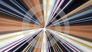 Abstract speed tunnel of colorful shining rays on black background, seamless loop. Animation. Motion graphics, fast