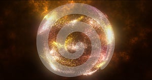 Abstract sphere ball of yellow glowing bright flying energy particles and dots