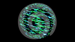 Abstract sphere of beautiful green and blue shining light rotating on black background, seamles loop. Animation