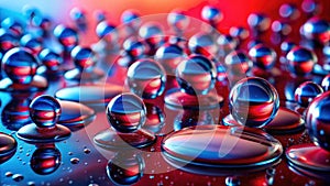 Abstract spheres reflecting vibrant red and blue hues on a glossy surface. Generative AI