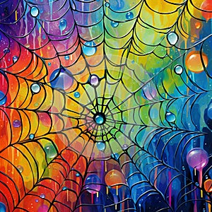 Abstract Spiderwebs with Morning Dew in Luminous Art Style