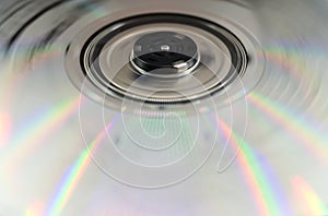 Abstract spinning compact disc with rainbow light reflections