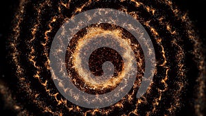 Abstract spinning hypnotic golden spiral spreading all over a black screen. Animation. Glowing ring from tiny particles