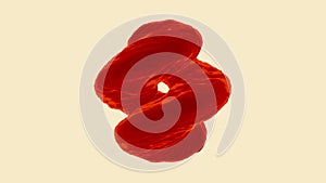 Abstract spinning liquid red spiral transforming with ripples, seamless loop. Design. Colorful unusual water object in