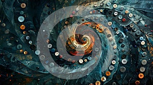 Abstract spiral buttons artwork on dark moody background, energizing dynamic movement design photo