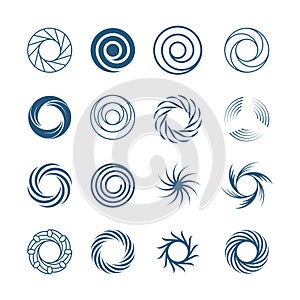 Abstract spiral circles set. Fashionable round swirls in form whirlpool lines effect rotational motion illustration