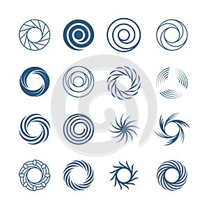 Abstract spiral circles set. Fashionable round swirls in form whirlpool lines effect rotational motion illustration photo