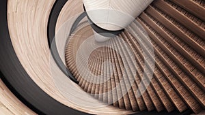 Abstract spiral ladder of brown color. Animation. Details of abstract interior, moving backwards along the stairs of a