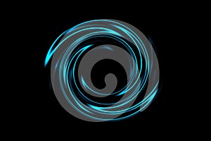 Abstract spiral tunnel with light blue circle spin on black background