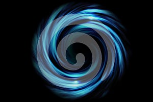 Abstract spiral tunnel with light blue smoke on black background