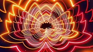 Abstract Spiritual Art Red Orange Lotus Flower Stencil Lines Neon Light Tunnel With Glitter Sparkle Dust Background 3d