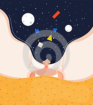 Abstract Spiritual Harmony - Sleeping woman character with abstract thoughts and stars in her hair. Imagination Concept in Flat