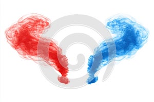 An abstract splash of blue and red paint on a white background