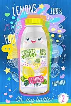 Abstract splash, cute yogurt bottle label template, advertising poster. Fruits, organic, yogurt, milk package design photo