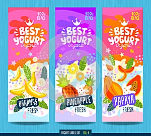 Abstract splash Food label template. Colorful brush stroke. Fruits, organic, yogurt, milk package design. Banana photo