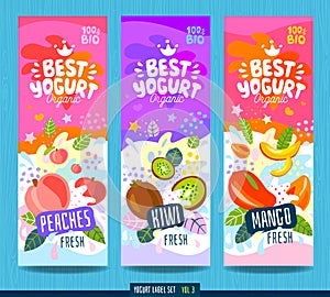 Abstract splash Food label template. Colorful brush stroke. Fruits, organic, yogurt, milk package design. Peach, kiwi photo