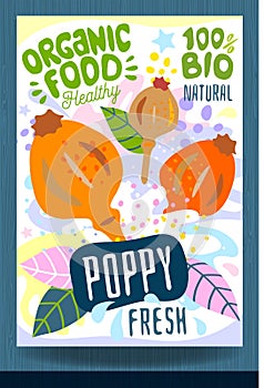 Abstract splash Food label template. Colorful brush stroke. Nuts, vegetables, herbs, spices, package design. Poppy