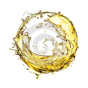 Abstract splash of golden oily liquid on white background