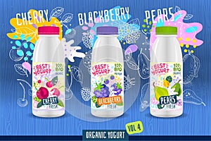 Abstract splash Yogurt bottle label template, advertising poster. Fruits, organic, yogurt, milk package design. Cherry photo