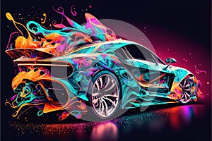 Abstract sport car with colorful splashes on black background. Vector illustration