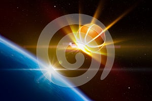 Abstract sports background, glowing basketball approaches planet
