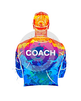 Abstract sports coach stands with his back in a T-shirt and baseball cap. Background for sports or coaching theme