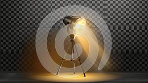 An abstract spotlight realistic modern image shows a tripod, stage equipment, and a professional camera lamp with a warm