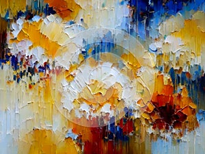 Abstract spots painted with oil paint. Red, yellow, blue, white, orange chaotic strokes. Bright shapeless blots