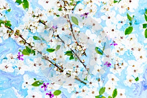 Abstract spring background. Blooming branches with delicate white and purple flowers and green leaves on a colorful blue backgroun