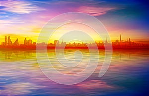 Abstract spring background with blue sunset and silhouette of Tallinn