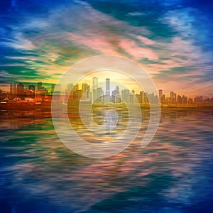 Abstract spring background with gold sunset blue sky and silhouette of Vancouver