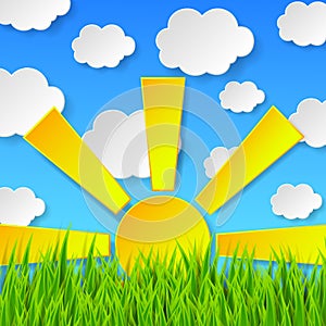 Abstract spring background with green grass, sun and blue sky wi