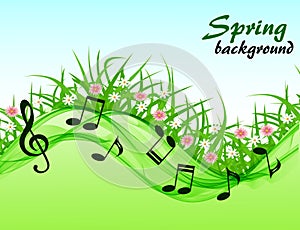 Abstract spring background with music notes and a treble clef