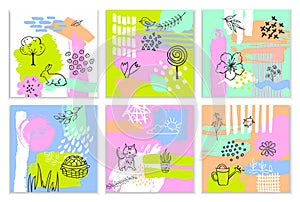 Abstract spring easter paint brush stroke textured and outlined collage quirky cards