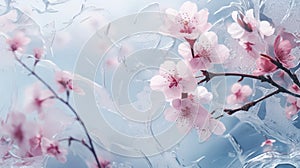 Abstract spring floral background with white and pink frozen flowers on ice, copy space. Frosty natural winter or spring