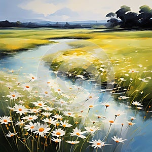 Abstract Spring Landscape with Daisies in a Vibrant Field