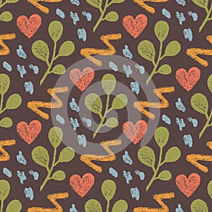 Abstract Spring Seamless Pattern of Hand-Drawn Peach Hearts, Green Twigs and Yellow Scrawls. Style of Children\'s Drawing
