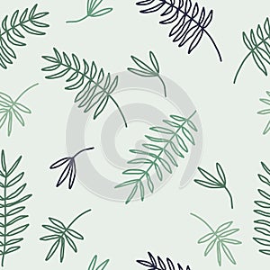 Abstract spring seamless pattern with leaves in pastel green colors on light background. Scandi decor. Wall art, wallpaper,