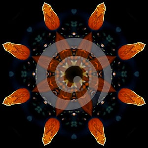 Abstract square background of pattern of a kaleidoscope. Red orange black background fractal mandala. abstract kaleidoscopic arabe