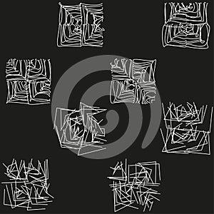 Abstract square forms. Chaotic geometric pattern. Scribble element Vector. Black background graphic.
