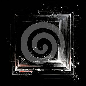 Abstract Square Frame with Digital Glitch Effect and Particles on Black Background