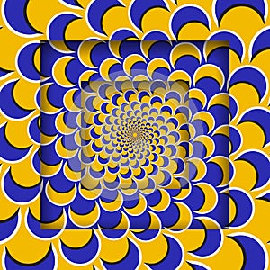 Abstract square frames with a moving circular yellow blue crescent pattern. Optical illusion background