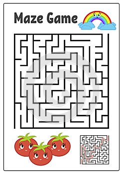 Abstract square maze. Kids worksheets. Activity page. Game puzzle for children. Cute cartoon tomato and rainbow. Labyrinth