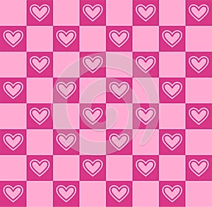 abstract square seamless pattern with cute hearts. Surface design on pink background in romantic retro style, textile, print,