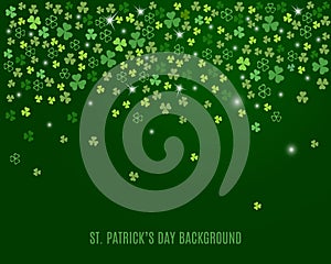 Abstract St. Patrick`s day background with sparkling clover shamrock leaves. Vector