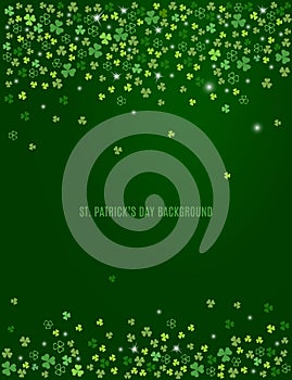 Abstract St. Patrick`s day background with sparkling clover shamrock leaves. Vector