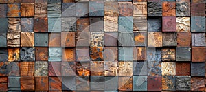 Abstract stack of 3d wooden cubes with rustic texture for a captivating backdrop